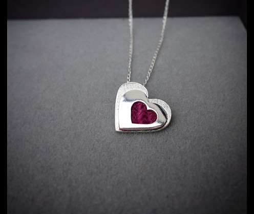 Sterling silver - Harris Tweed- 2 layers of silver. 18inch chain- 18mm heart 