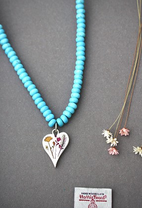 Sterling Silver Heart with Harris Tweed - 22x30mm 8x3mm turquoise beads - 18inch long