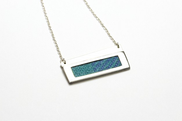 Sterling Silver Necklace with turquoise and blue Harris Tweed- 55x22mm - 18 inch chain
