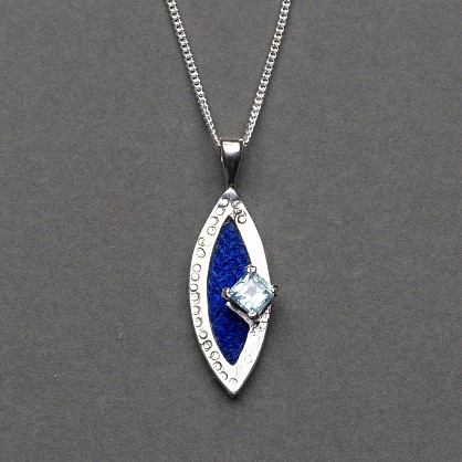 Sterling Silver - Harris Tweed. Approx 40x12mm, 5mm square aqua Marine. 18inch chain