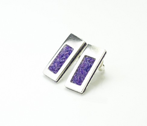 Sterling silver rectangular Earring with Purple Harris Tweed